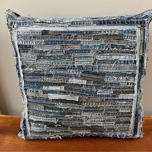 Dreamweavers upcycled denim jeans patchwork throw pillow. All shades of blue.